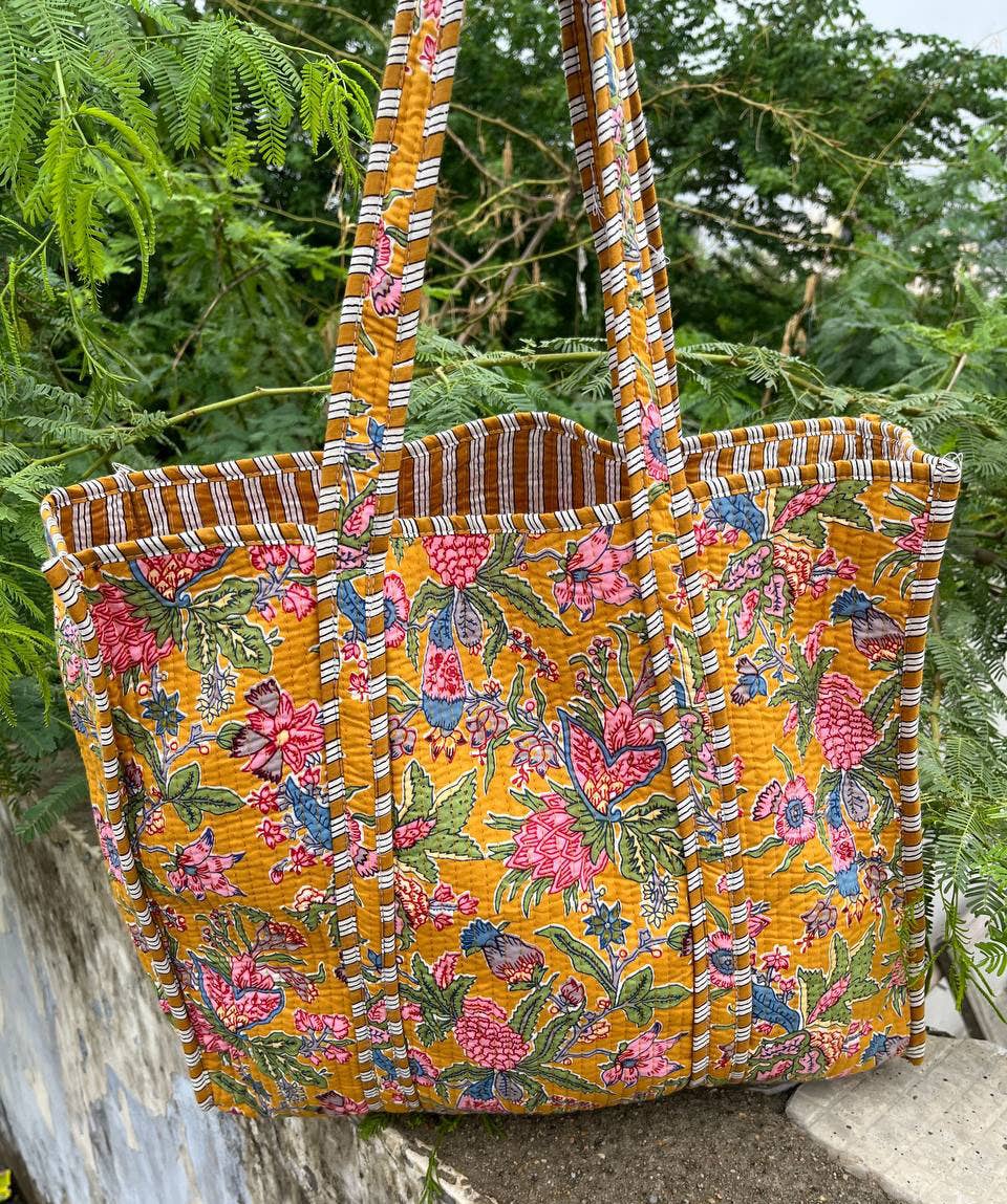 Indian Cotton Quilted Jhola Bag Floral Printed Shopping Bags