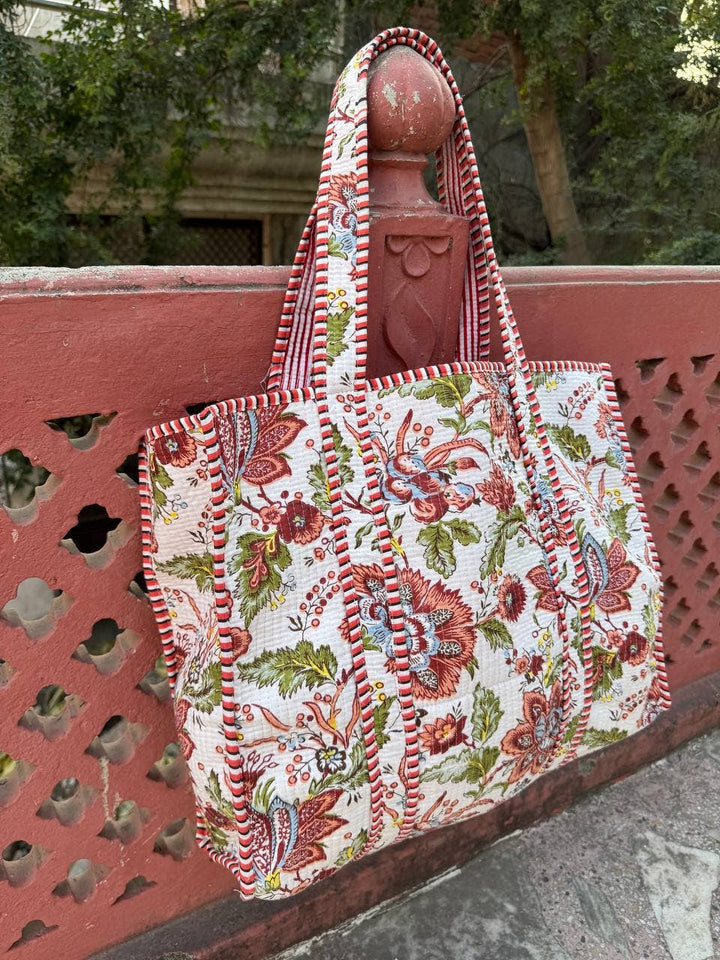 White Cotton Quilted Bag Beautiful Block Printed Women Bags