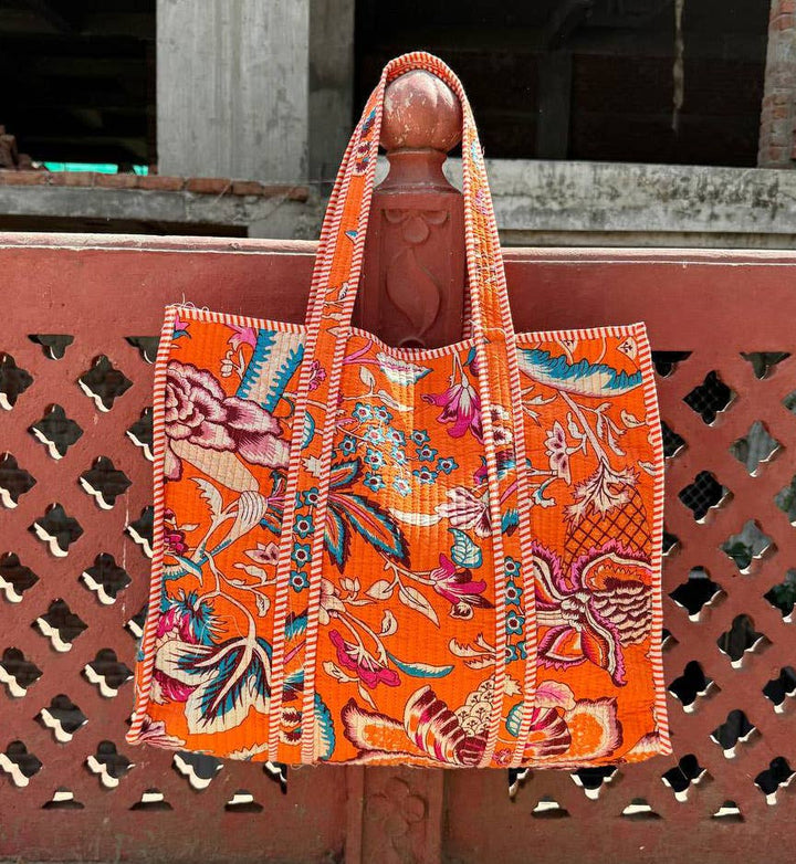 Orange Cotton Print Bag Quilted Bag Market Bag Shopping Bags