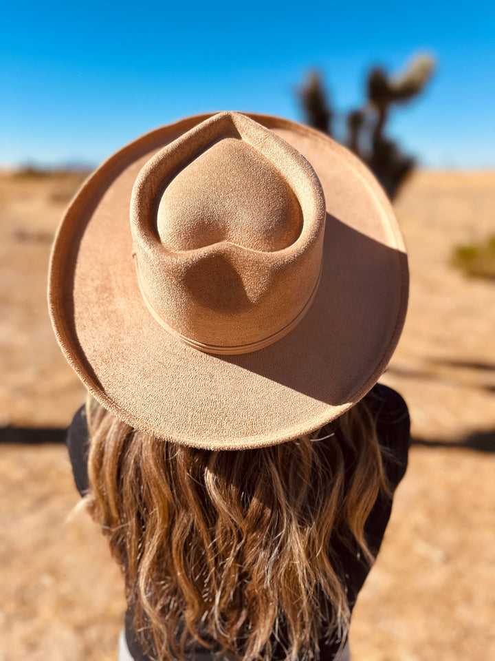Vegan Suede Pencil Curl Brim Sweetheart Crown Fedora Hats: Taupe