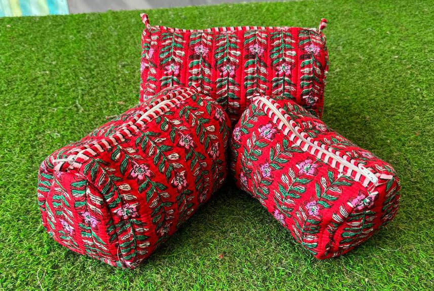 Block Print Cosmetic Bag Cotton Quilted Toiletry Women Bags