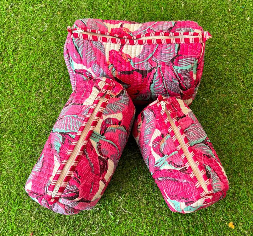 Leaf Printed Quilted Cotton Cosmetic Bag Toiletry Women Bags