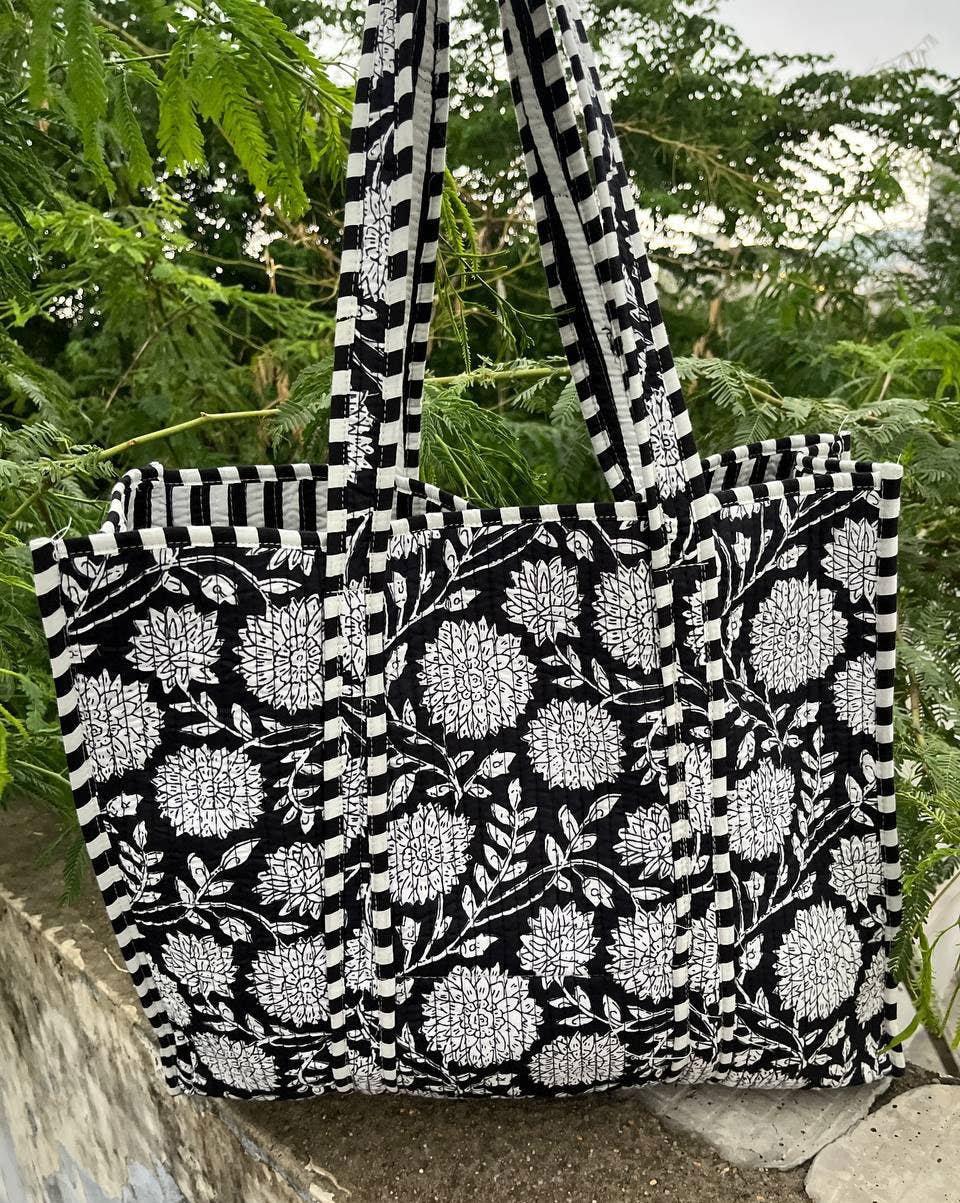 Black Cotton Women Floral Printed Bags Quilted Shopping Bags