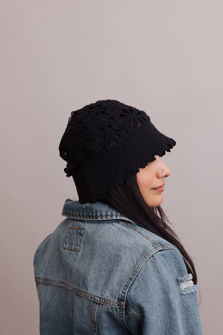 Floral Crochet Bucket Sun Hat: Taupe