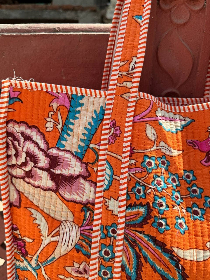Orange Cotton Print Bag Quilted Bag Market Bag Shopping Bags
