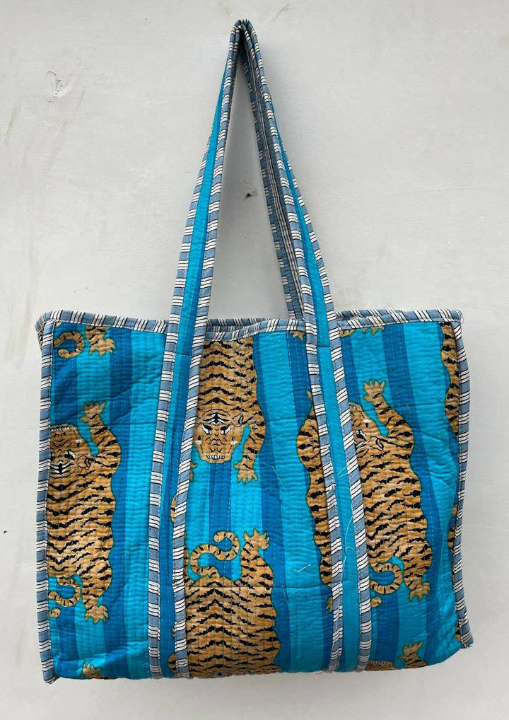 Sky Blue Tiger Printed Cotton Bag Quilted Shoulder Bag Tote