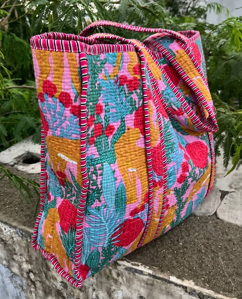 Beach Bag Quilted Cotton Shopping Bag Floral Printed Indian