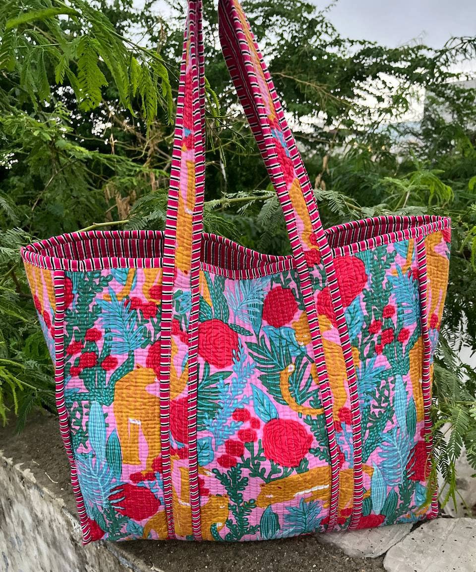 Beach Bag Quilted Cotton Shopping Bag Floral Printed Indian