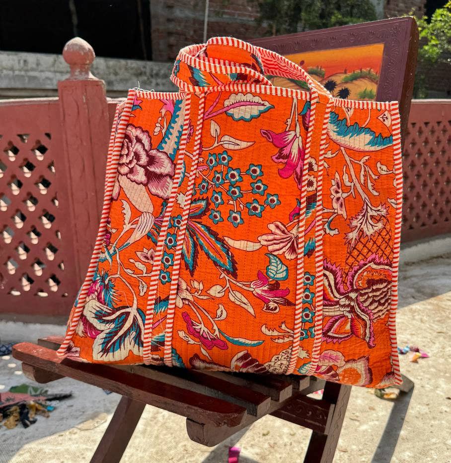 Orange Cotton Print Bag Quilted Bag Market Bag Shopping Bags