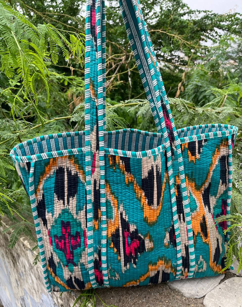 Ikat Print Tote Bags Indian Cotton Quilted Large Travel Bags