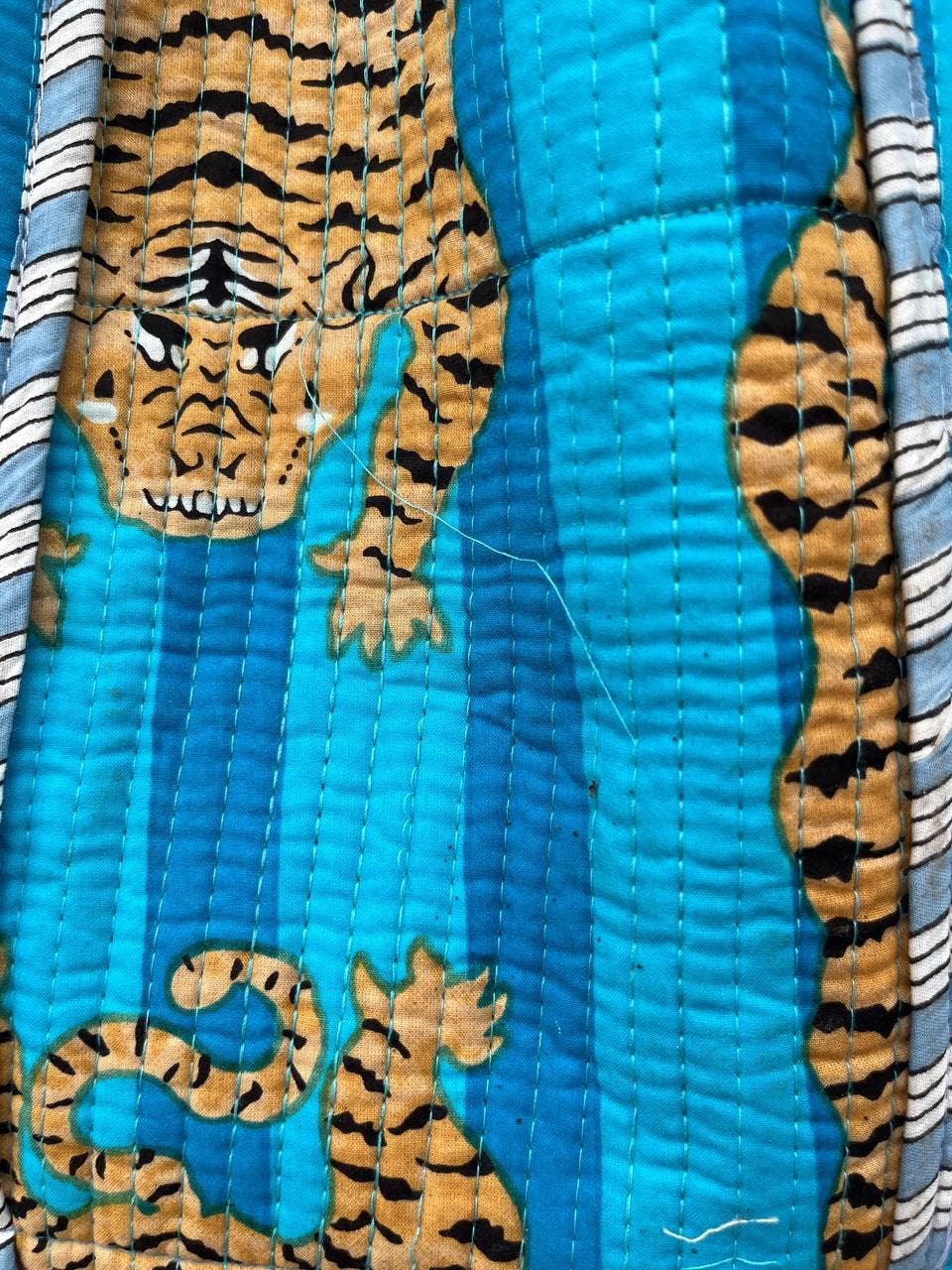 Sky Blue Tiger Printed Cotton Bag Quilted Shoulder Bag Tote