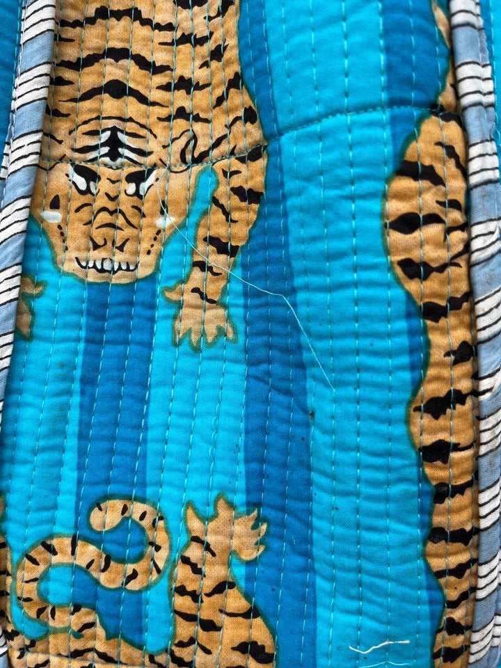 Sky Blue Tiger Printed Cotton Bag Quilted Shoulder Bag Tote