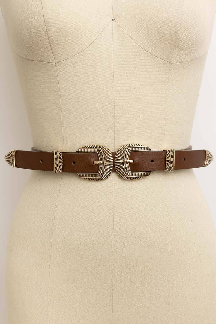 Bestseller! - Double Buckle Faux Leather Western Style Belt: Camel