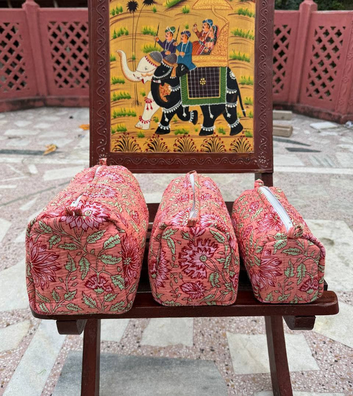 Cotton Block Printed Cosmetic Bag Large Quilted Toiletry Bag