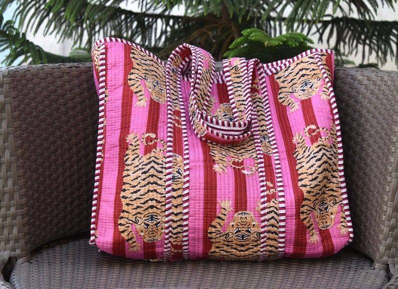 Tiger Hand Block Printed Bag Tote Handmade Fashion Women Bag