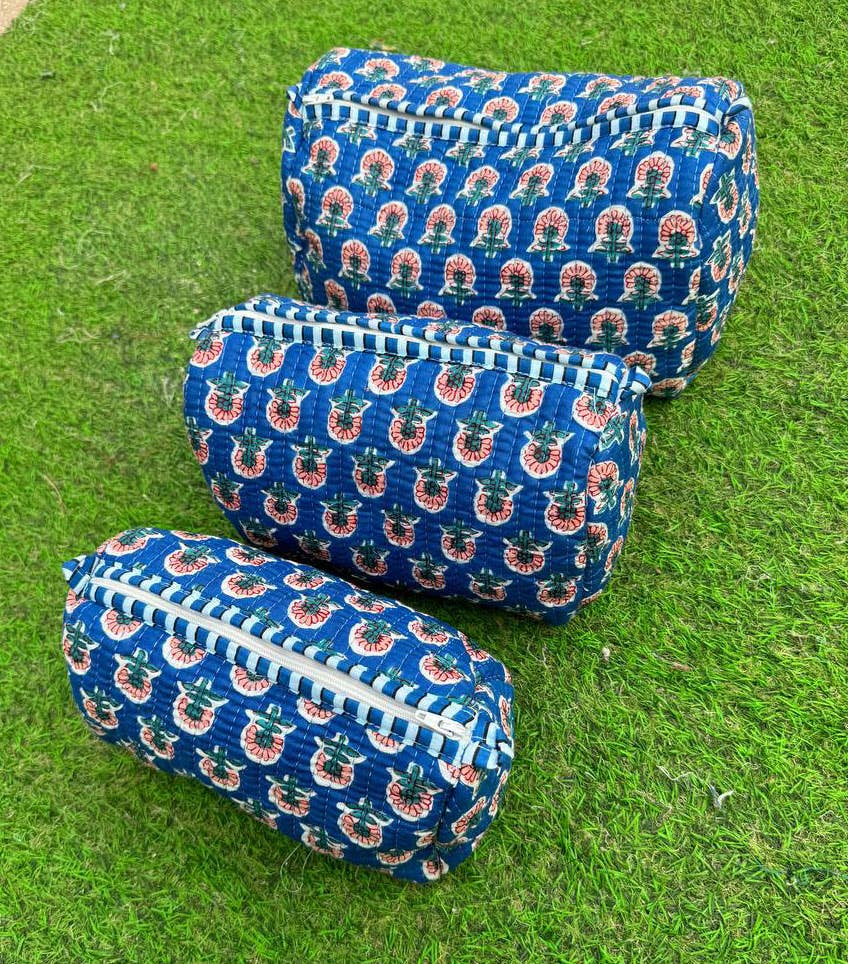 Blue Cotton Cosmetic Bag Floral Print Quilted Bag Travel Bag
