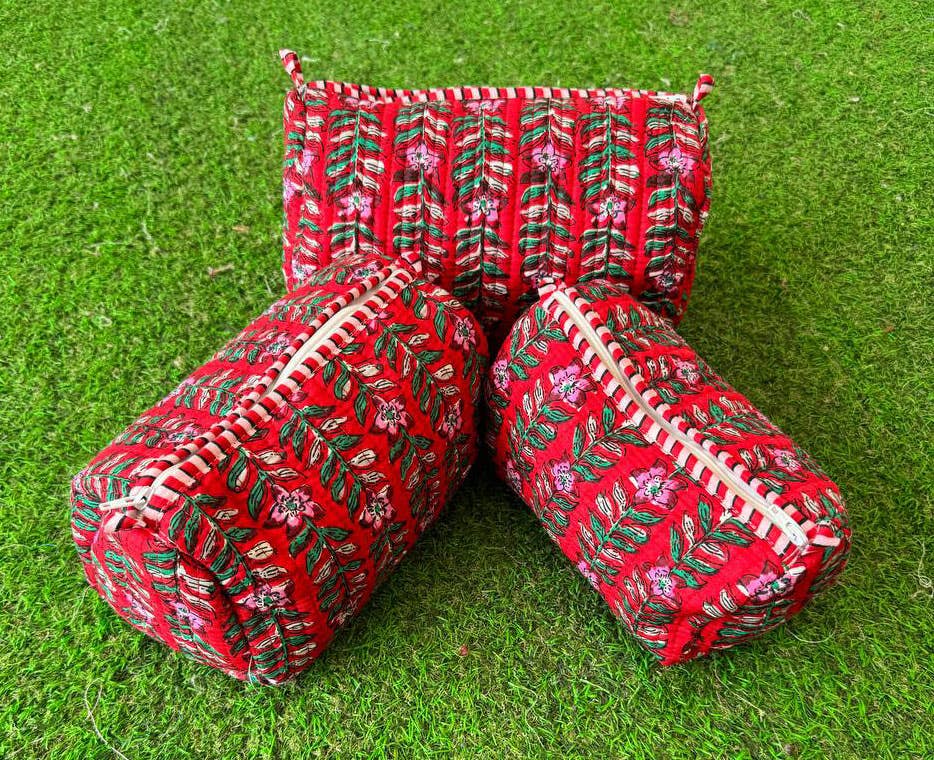 Block Print Cosmetic Bag Cotton Quilted Toiletry Women Bags