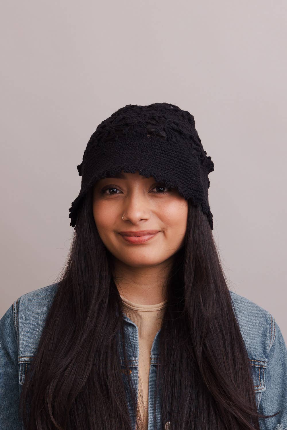 Floral Crochet Bucket Sun Hat: Taupe