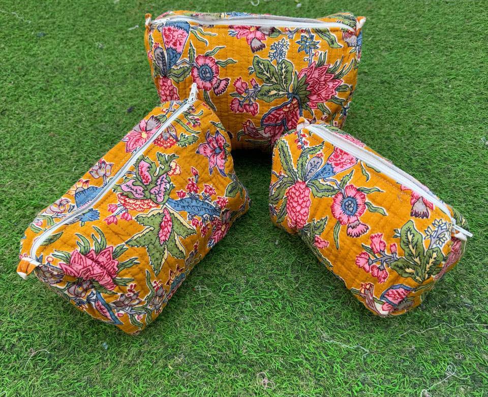 Large Cotton Quilted Block Print Bag Makeup Bag Toiletry Bag