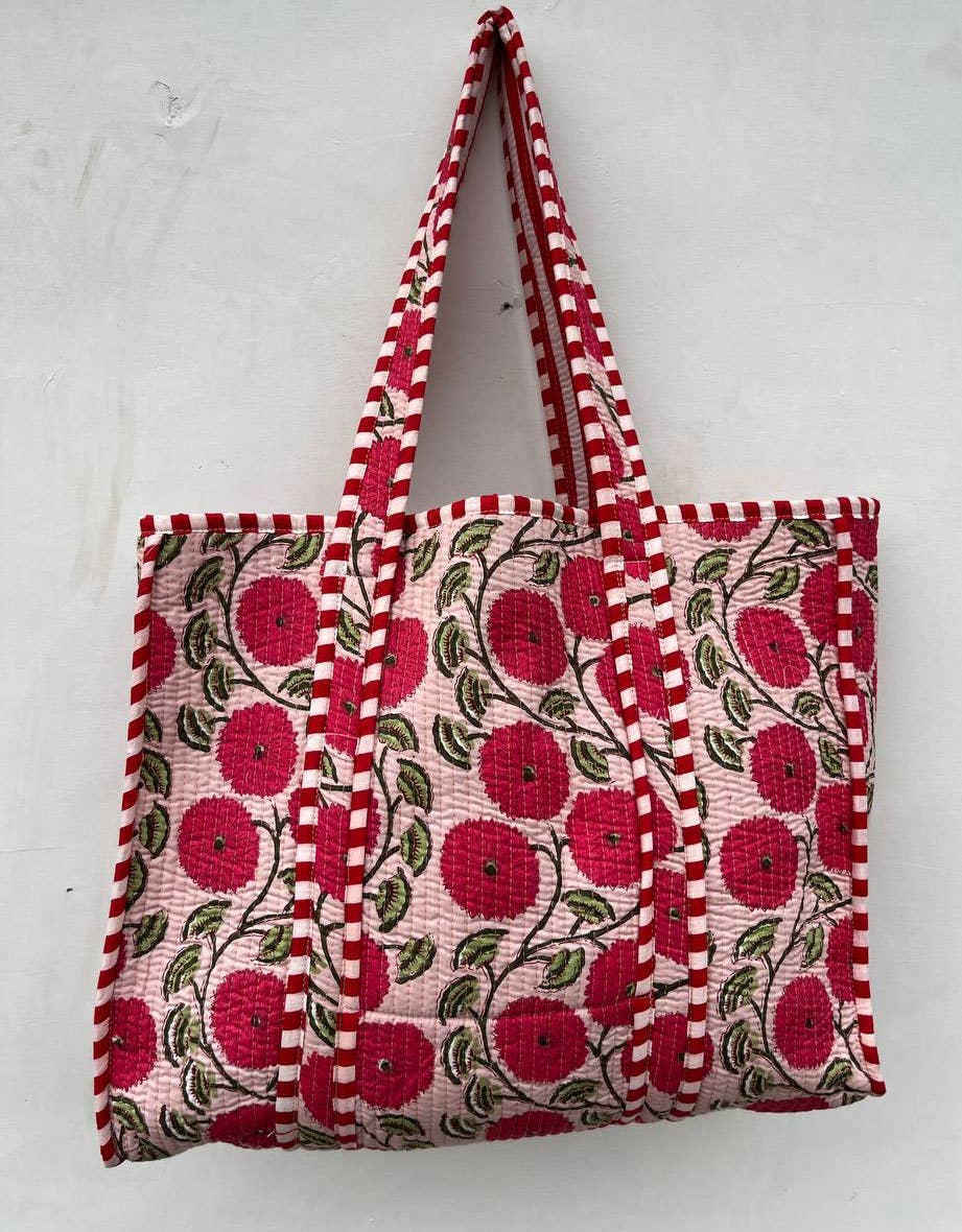 Women Shopping Bag Floral Printed Indian Cotton Quilted Bags