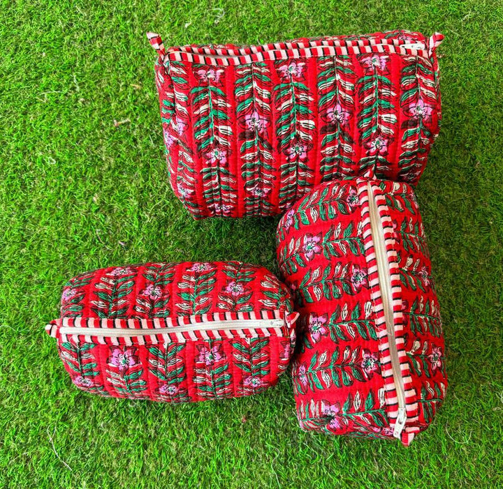 Block Print Cosmetic Bag Cotton Quilted Toiletry Women Bags