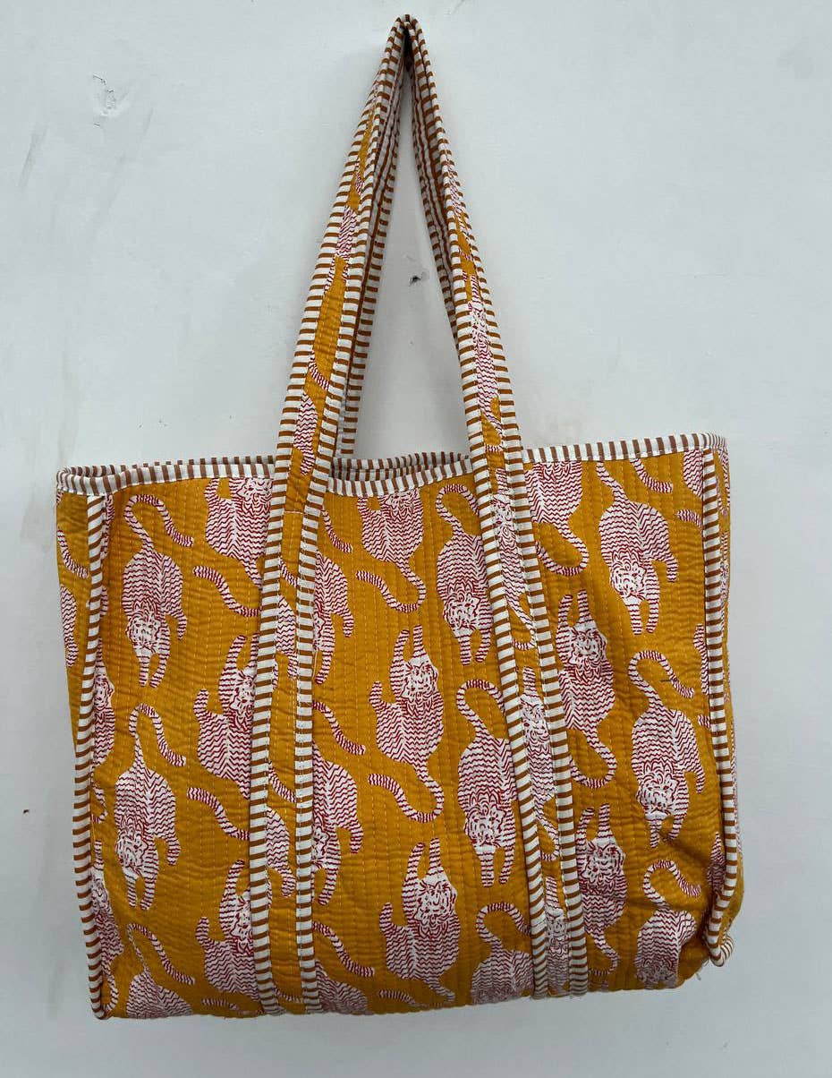 Yellow Women Bag Tiger Printed Cotton Quilted Bag Beach Bag