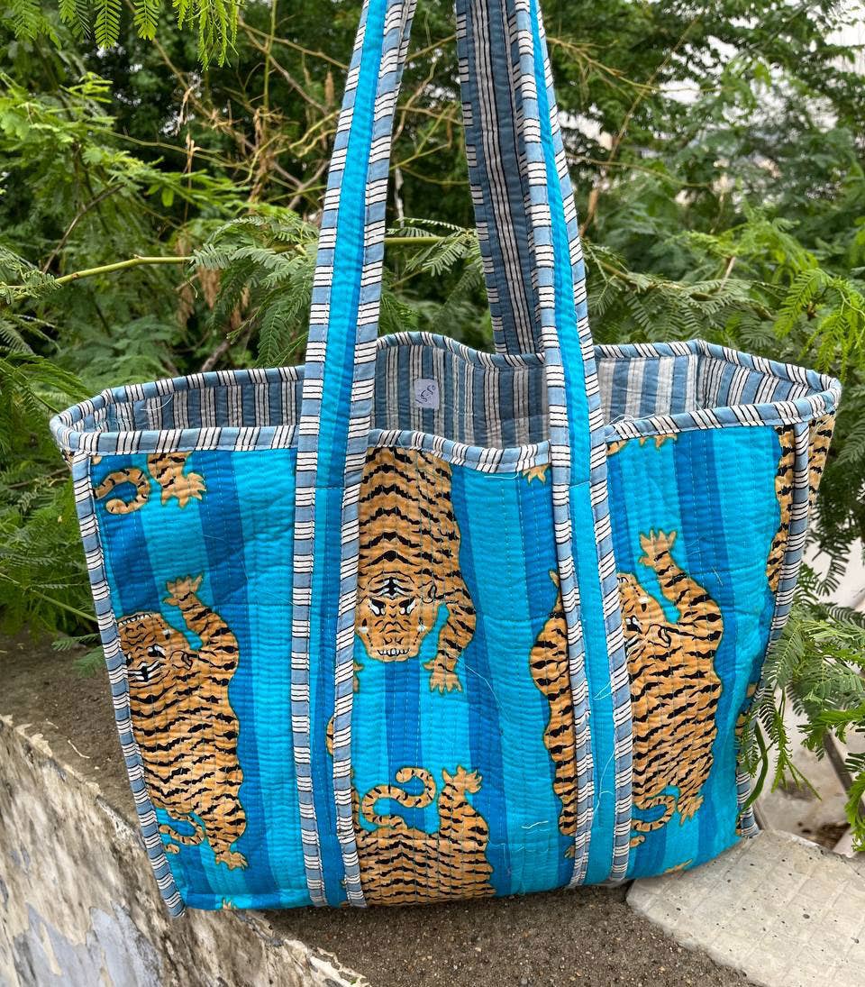 Sky Blue Tiger Printed Cotton Bag Quilted Shoulder Bag Tote