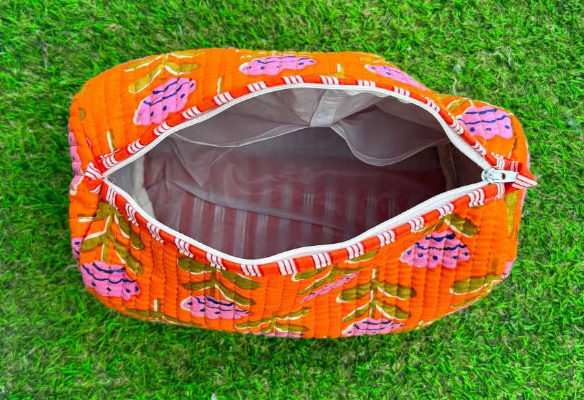 Orange Cotton Quilted Bag Small Floral Print Bag Makeup Bags