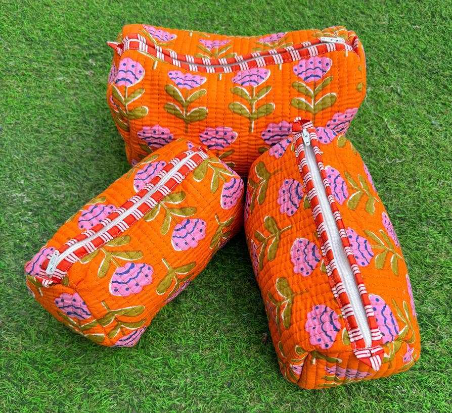 Orange Cotton Quilted Bag Small Floral Print Bag Makeup Bags
