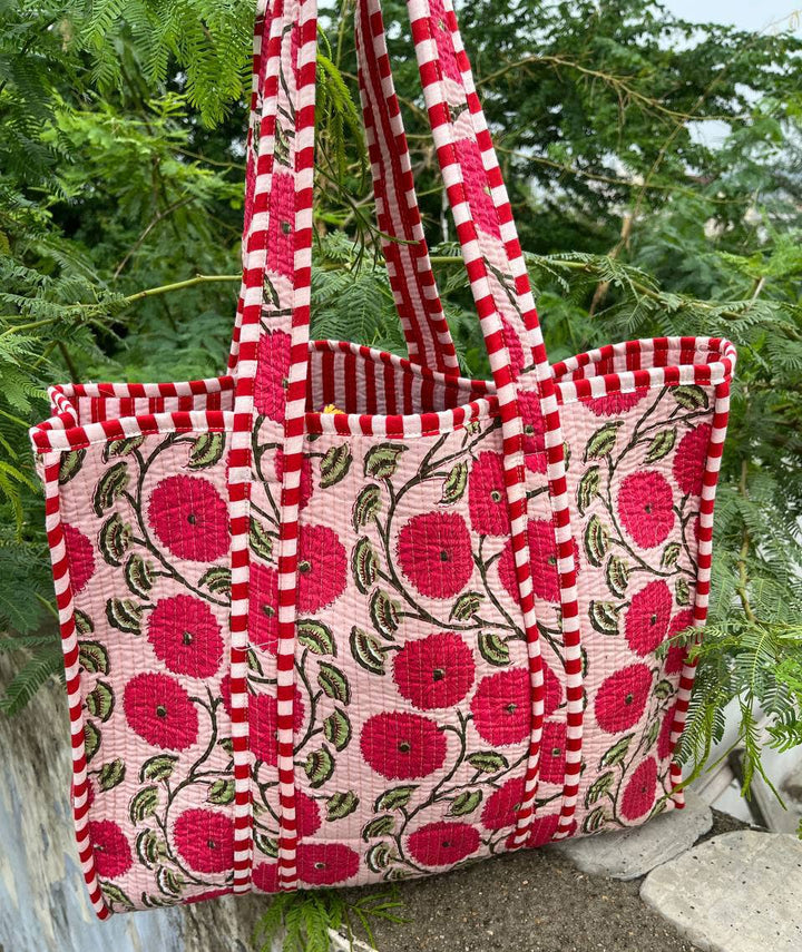 Women Shopping Bag Floral Printed Indian Cotton Quilted Bags