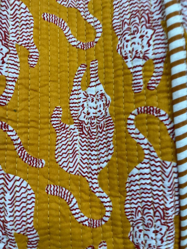 Yellow Women Bag Tiger Printed Cotton Quilted Bag Beach Bag