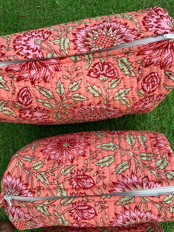 Cotton Block Printed Cosmetic Bag Large Quilted Toiletry Bag