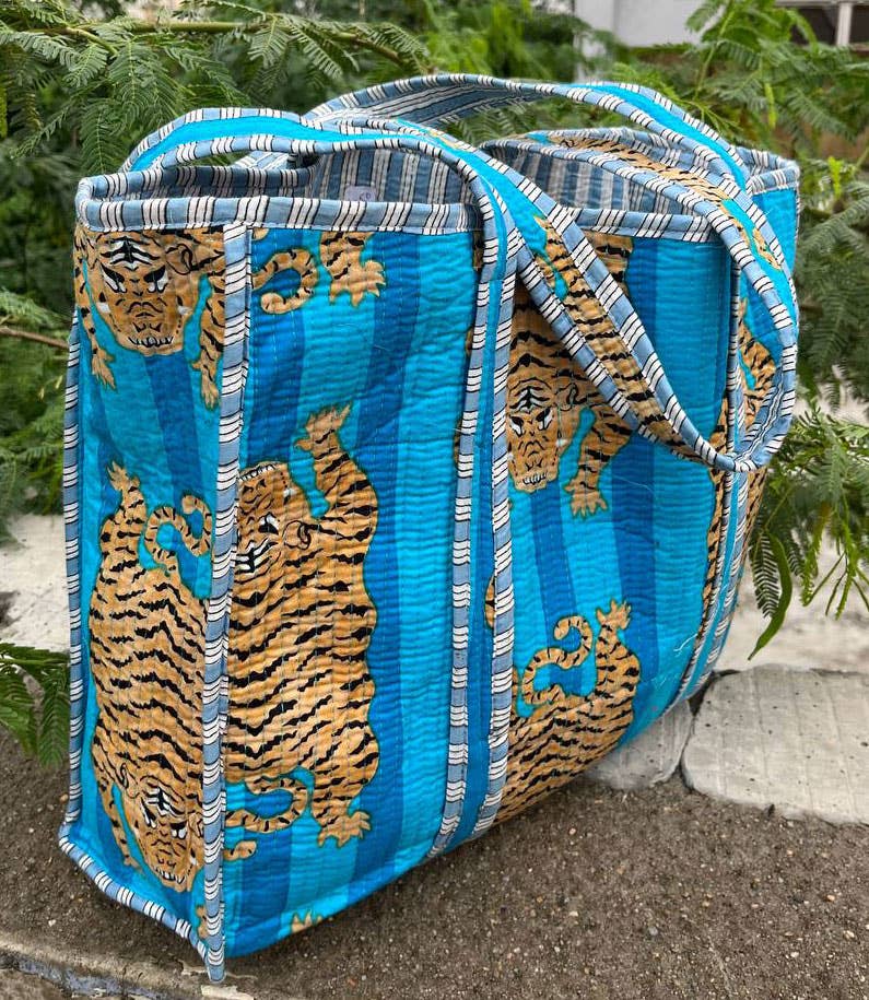 Sky Blue Tiger Printed Cotton Bag Quilted Shoulder Bag Tote