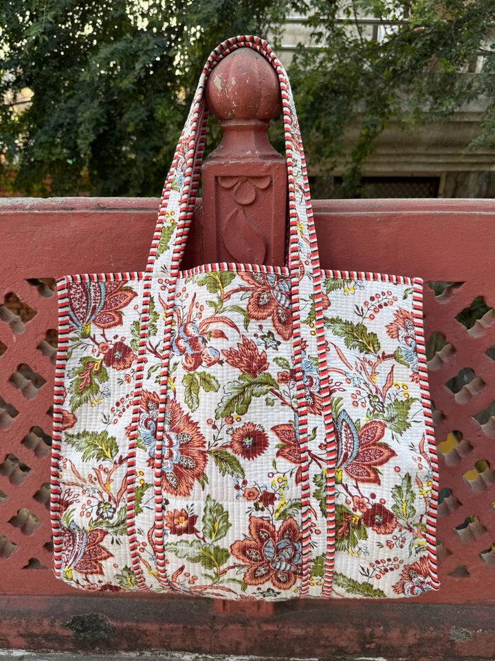 White Cotton Quilted Bag Beautiful Block Printed Women Bags