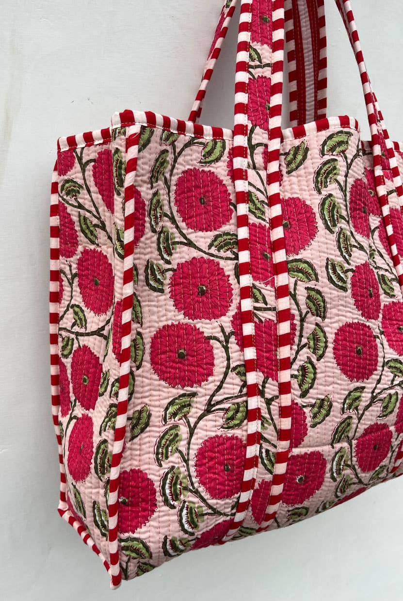 Women Shopping Bag Floral Printed Indian Cotton Quilted Bags