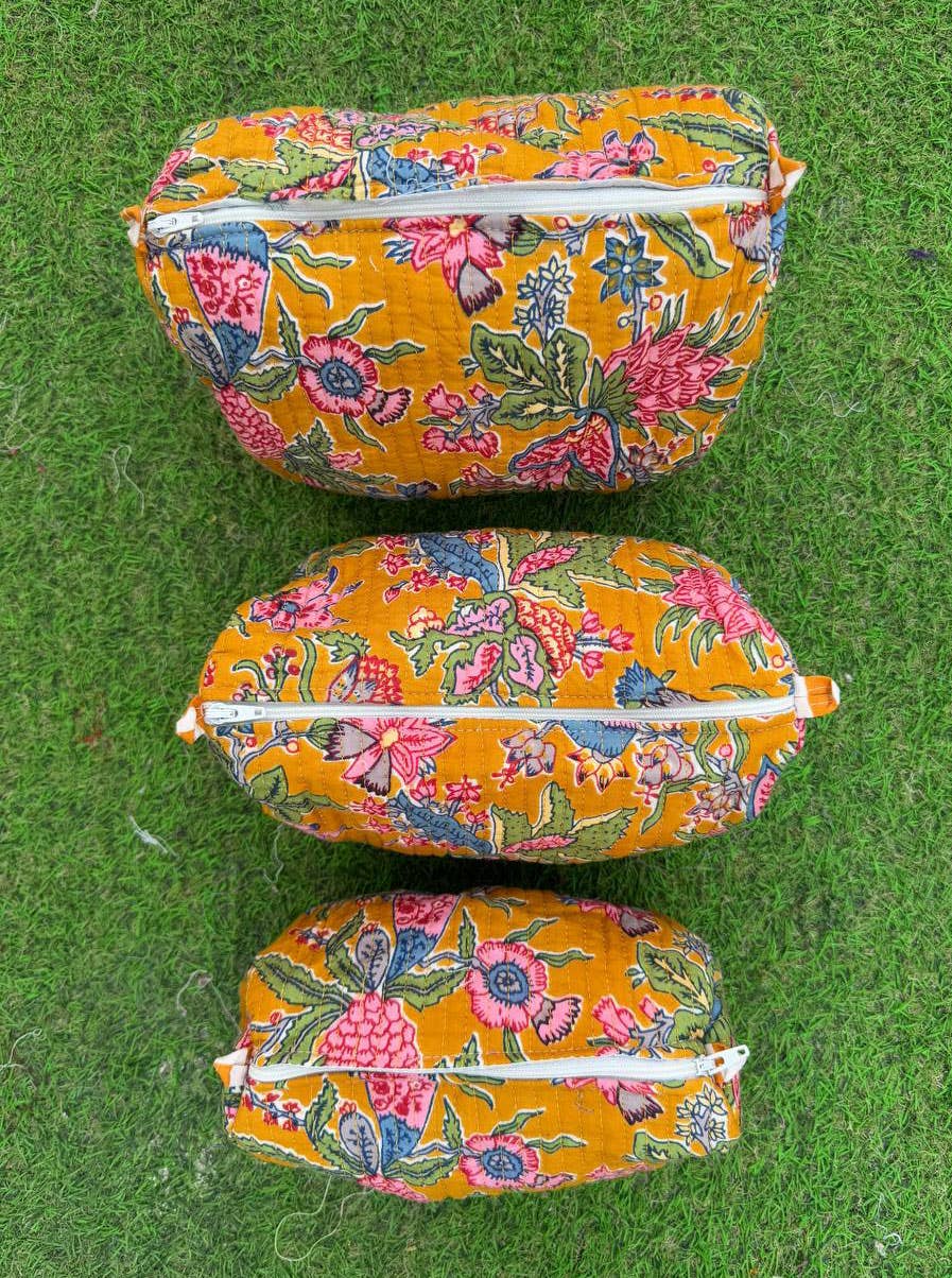 Large Cotton Quilted Block Print Bag Makeup Bag Toiletry Bag