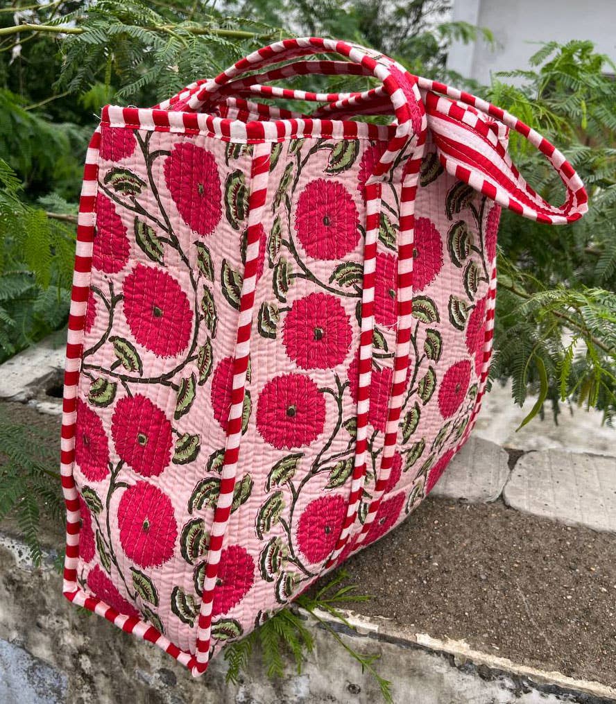 Women Shopping Bag Floral Printed Indian Cotton Quilted Bags