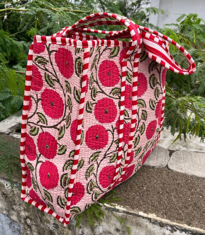 Women Shopping Bag Floral Printed Indian Cotton Quilted Bags