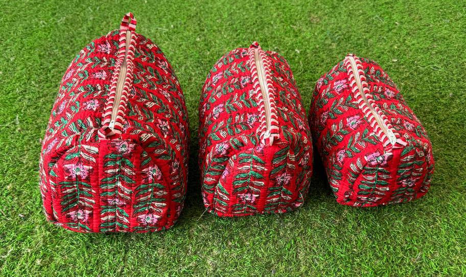 Block Print Cosmetic Bag Cotton Quilted Toiletry Women Bags