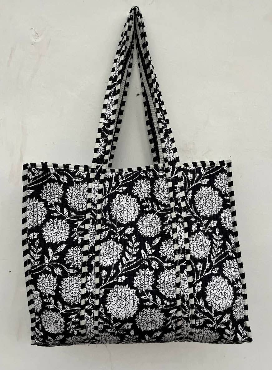 Black Cotton Women Floral Printed Bags Quilted Shopping Bags
