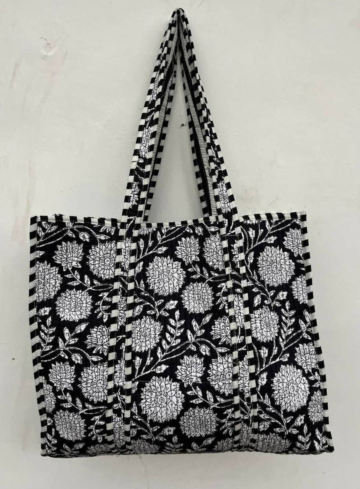Black Cotton Women Floral Printed Bags Quilted Shopping Bags