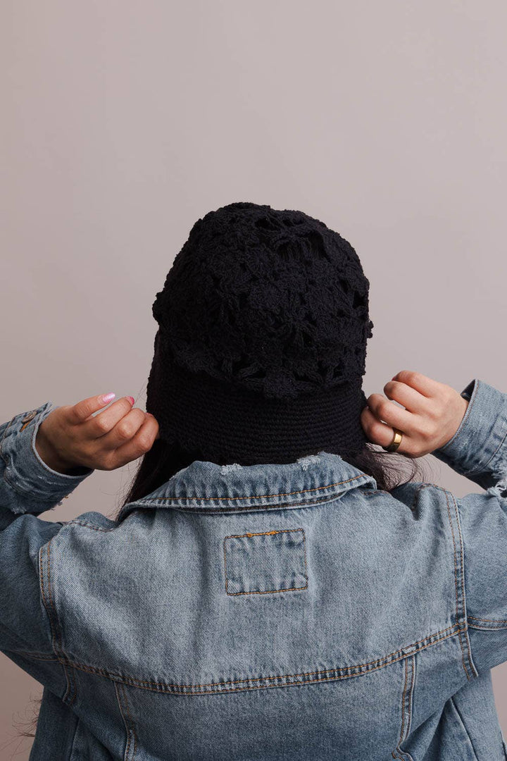 Floral Crochet Bucket Sun Hat: Taupe