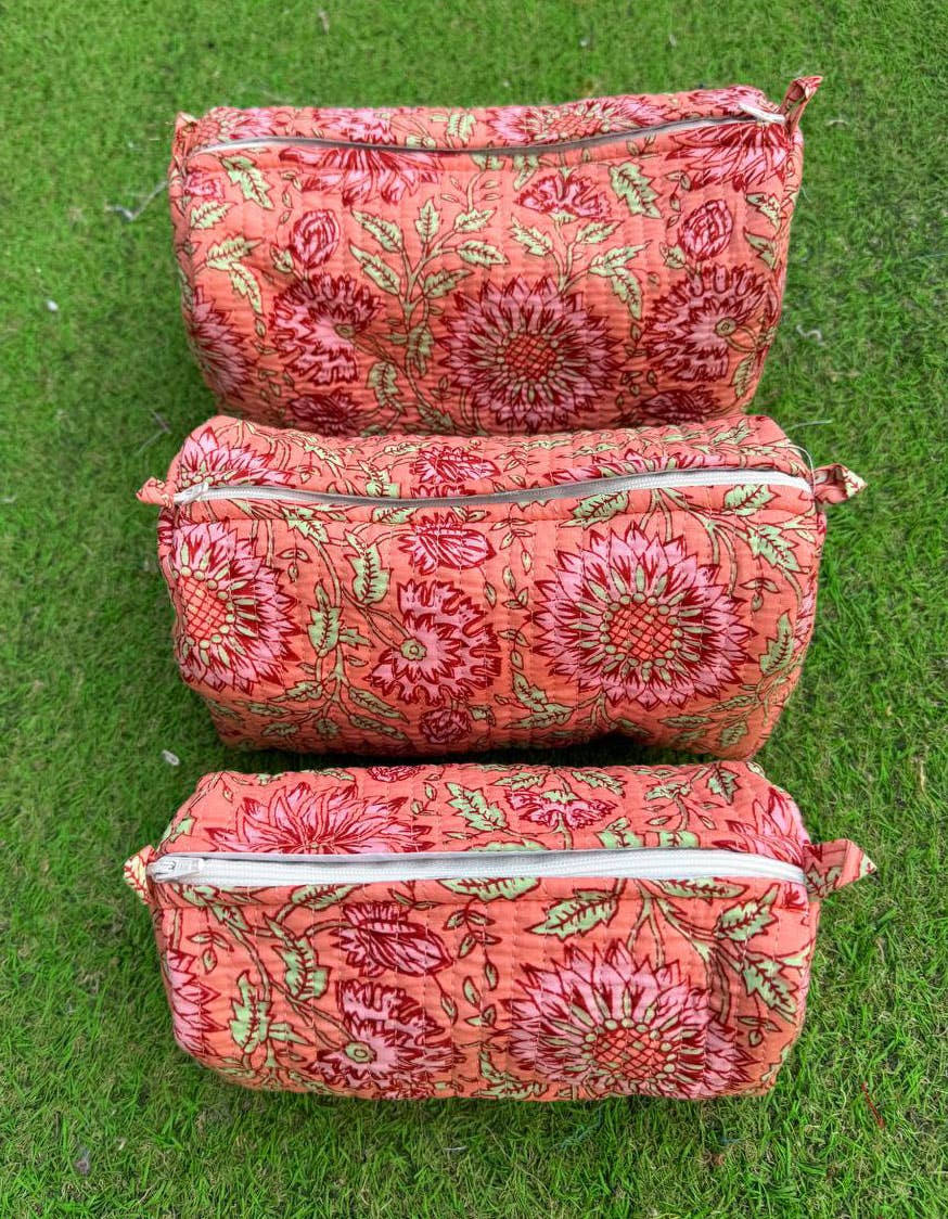Cotton Block Printed Cosmetic Bag Large Quilted Toiletry Bag