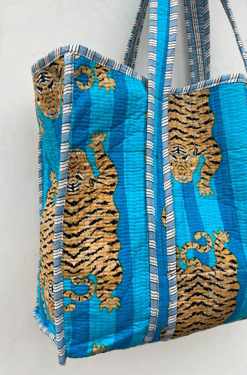 Sky Blue Tiger Printed Cotton Bag Quilted Shoulder Bag Tote