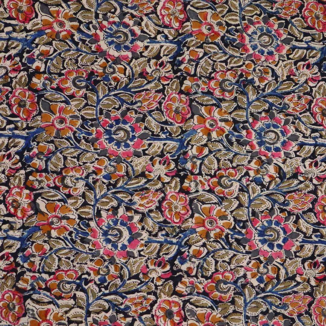 Kalamkari Cotton Bandana - Black Flowers (KK1422)