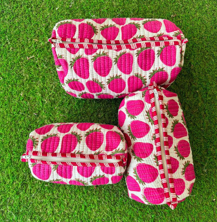 Strawberry Design Printed Cotton Quilted Pouch Cosmetic Bags
