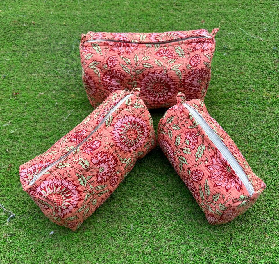 Cotton Block Printed Cosmetic Bag Large Quilted Toiletry Bag