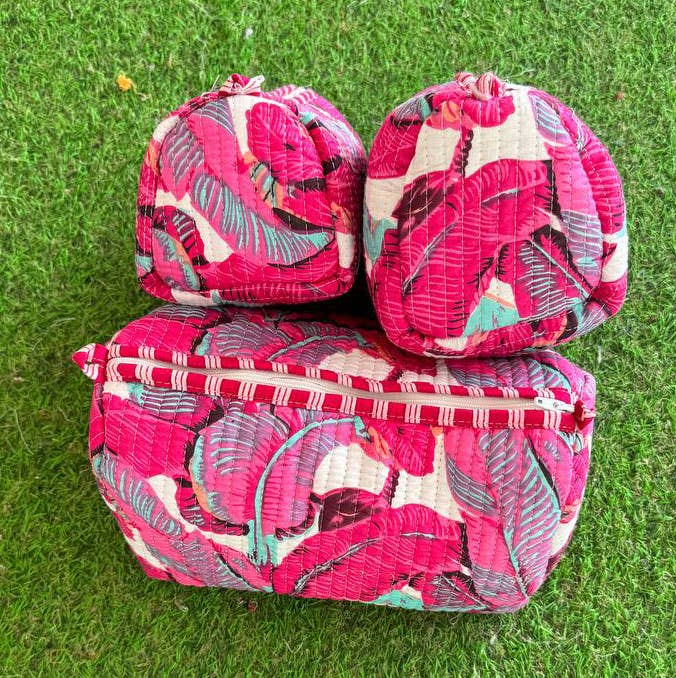 Leaf Printed Quilted Cotton Cosmetic Bag Toiletry Women Bags
