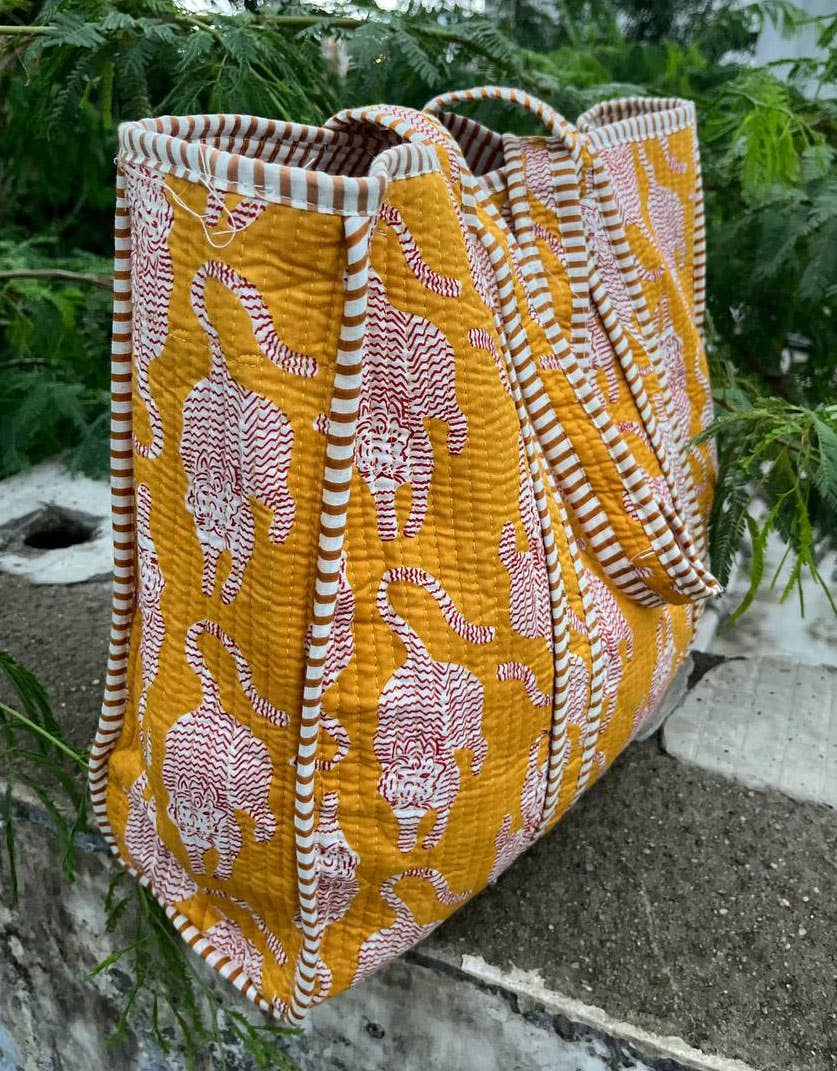 Yellow Women Bag Tiger Printed Cotton Quilted Bag Beach Bag