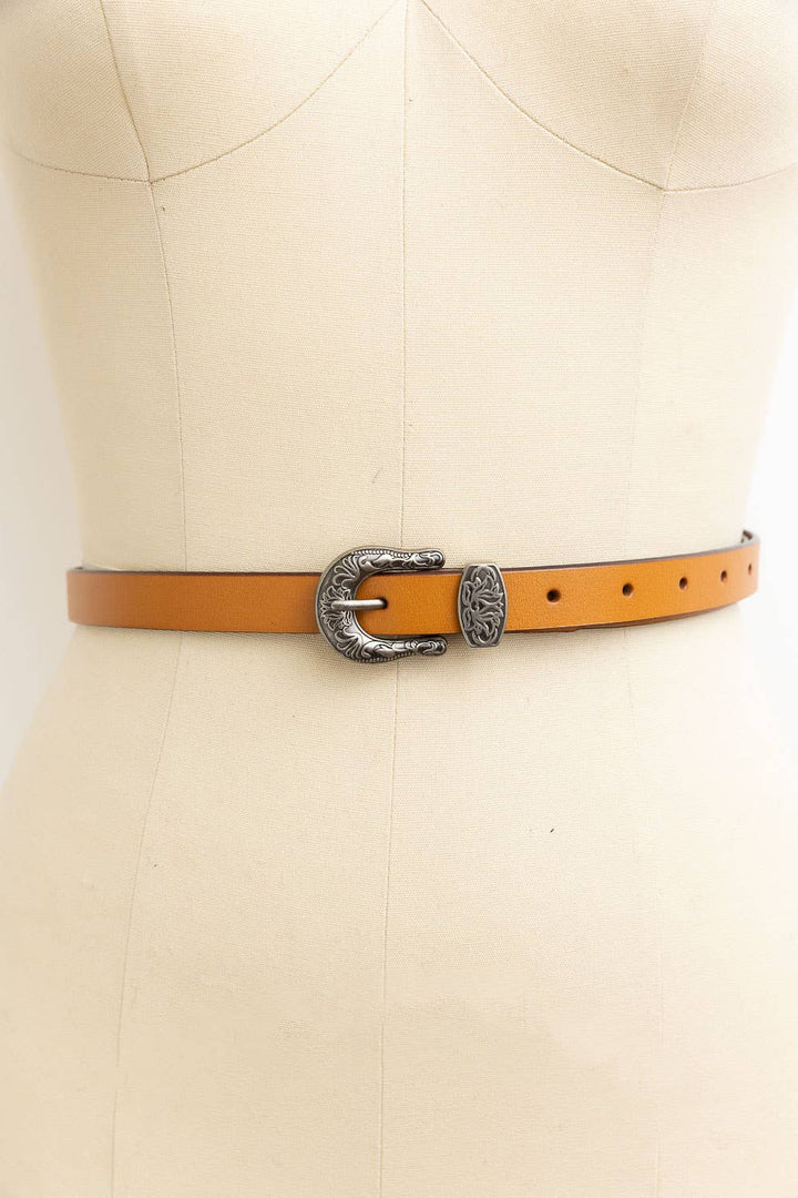 Western Style Skinny Leather Belt - Cowgirl Chic: Camel
